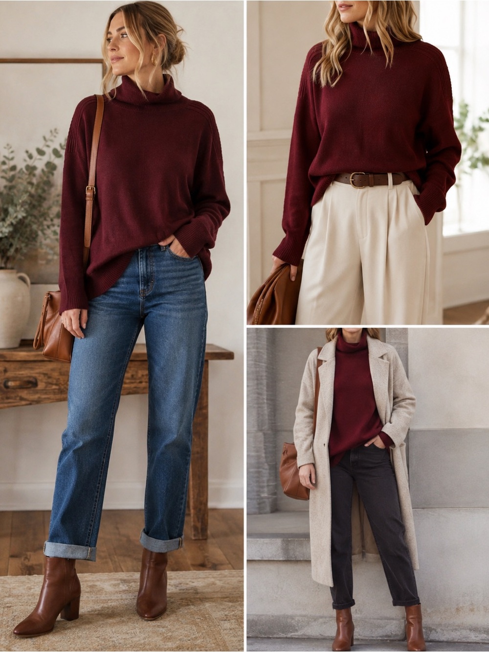 EVEREVE Burgundy Ribbed Shoulder Sweater L Turtleneck Quiet Luxury Minimalist